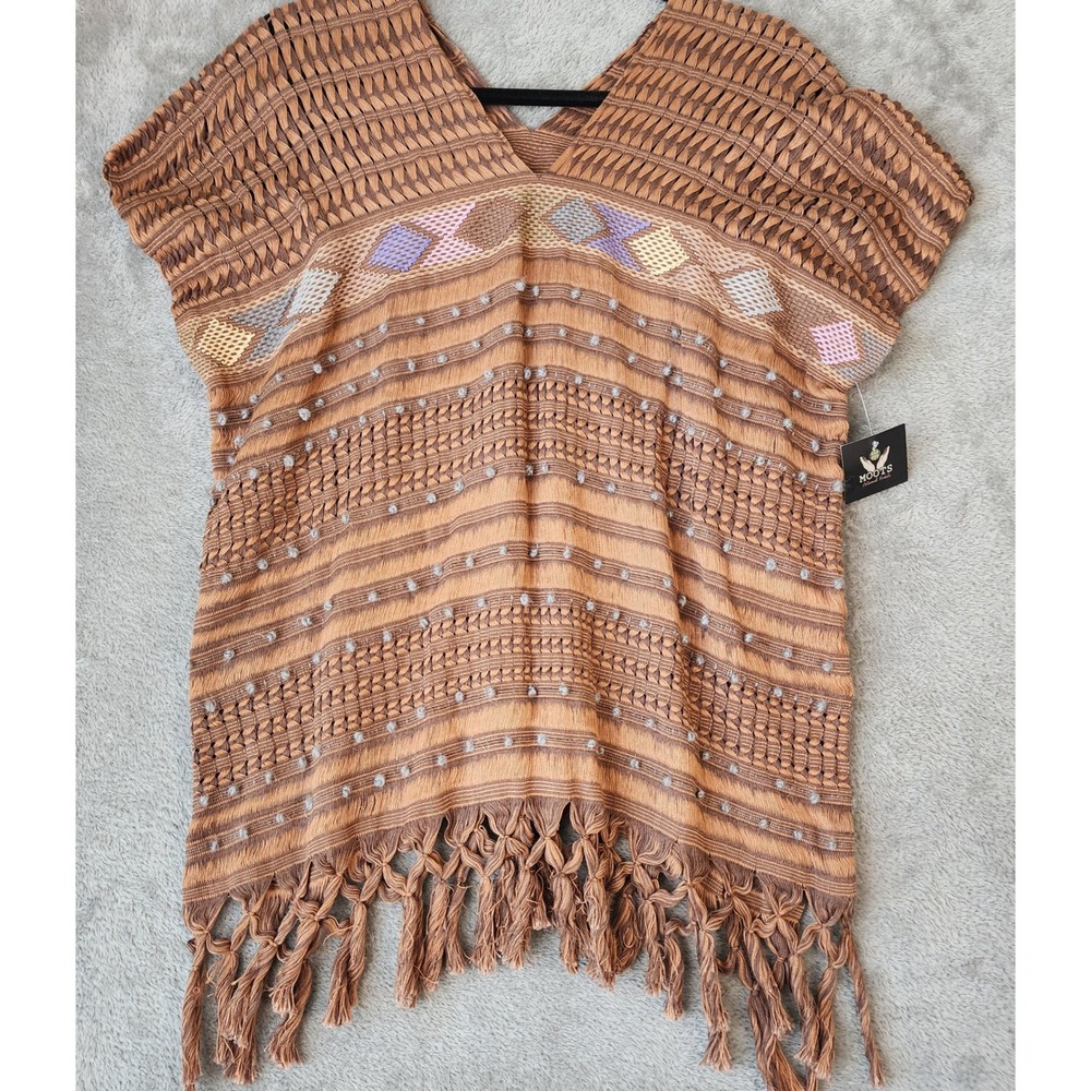Moots Artisanal Shirt Womens Large Brown Hand Woven Embroidered Pom Pom Fringe
